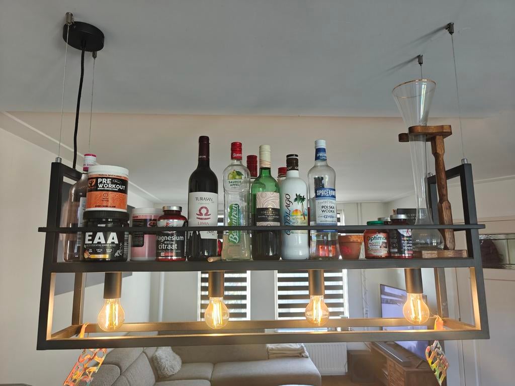 Industriële hanglamp met plank - Zwart metaal, Ophalen, Zo goed als nieuw, Metaal, Minder dan 50 cm