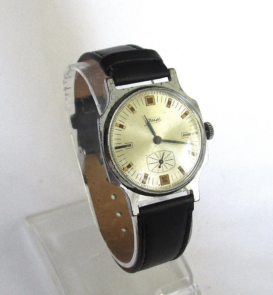 Vintage Zim Pobeda mechanisch heren horloge, USSR uit de 70, Ophalen of Verzenden, Leer, Overige merken