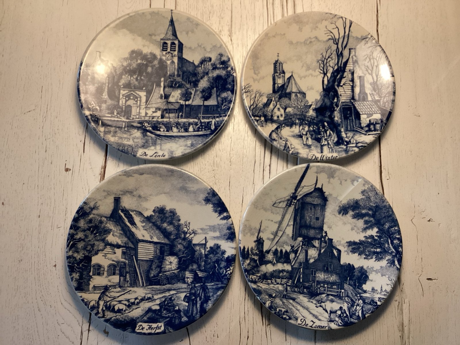 Set van 4 Delfts Blauwe wandborden 'De Vier Jaargetijden', Antiek en Kunst, Antiek | Wandborden en Tegels, Ophalen of Verzenden