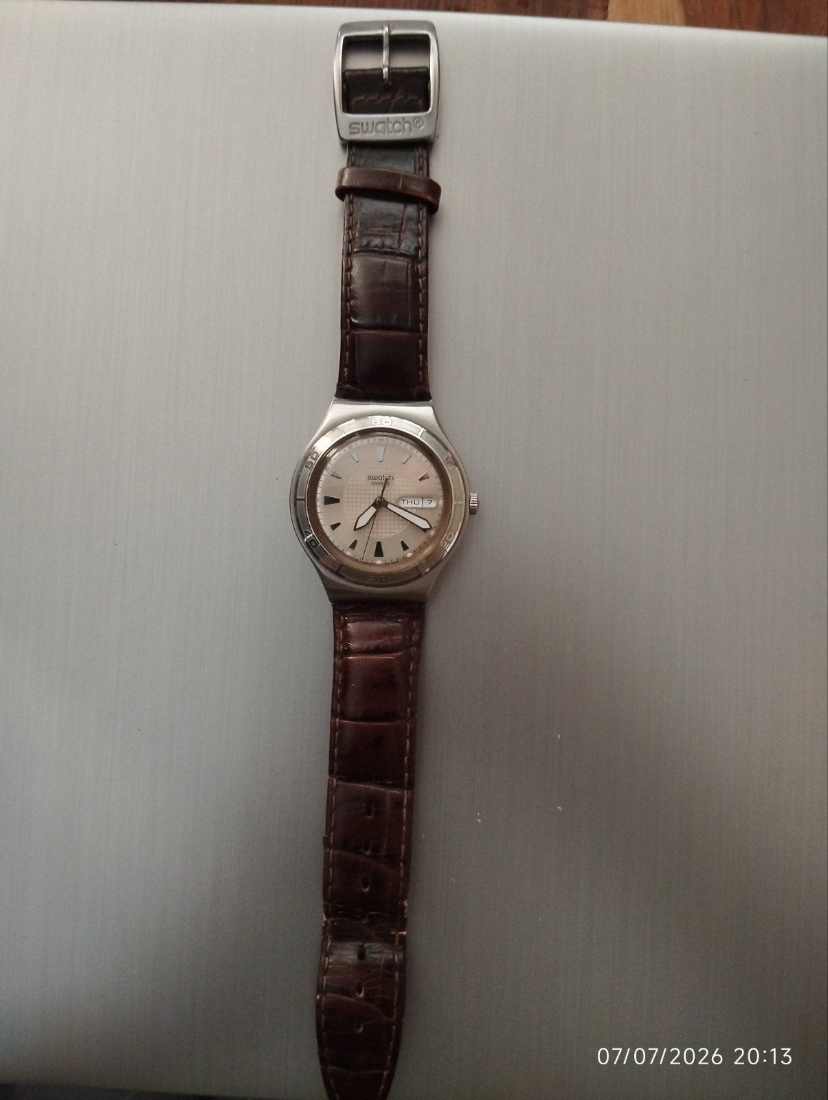 Swatch Irony Polshorloge met Leren Band, Sieraden, Tassen en Uiterlijk, Horloges | Heren, Ophalen of Verzenden