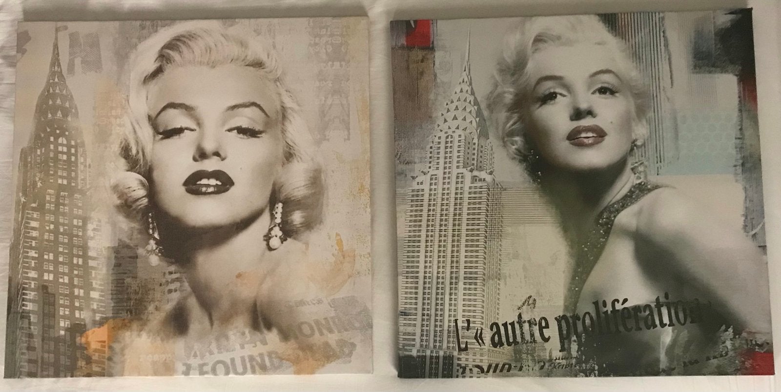 Set van 2 Marilyn Monroe Pop Art Schilderijen (49,5x49,5 cm), Antiek en Kunst, Ophalen of Verzenden, Print, Op houten frame, Portret