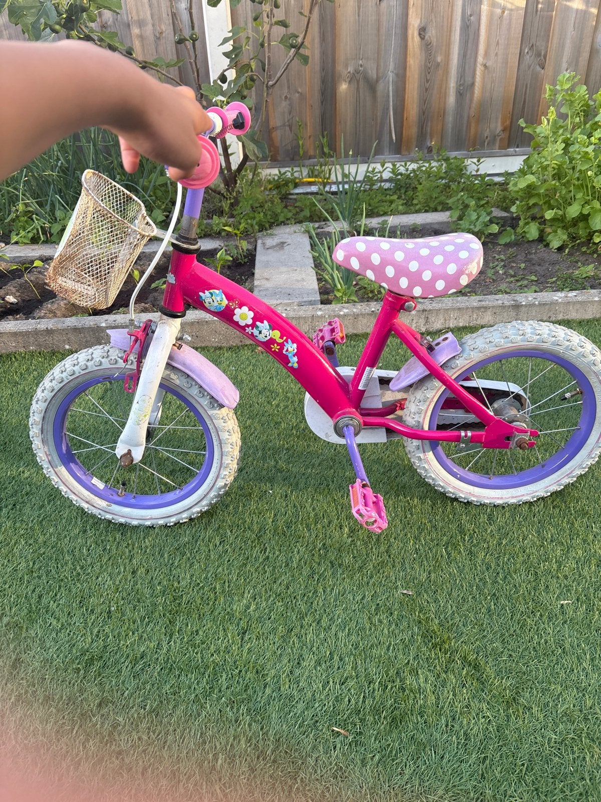 Leuke roze kinderfiets met Mickey Mouse en mandje, Ophalen of Verzenden, Gebruikt, Terugtraprem, Minder dan 16 inch