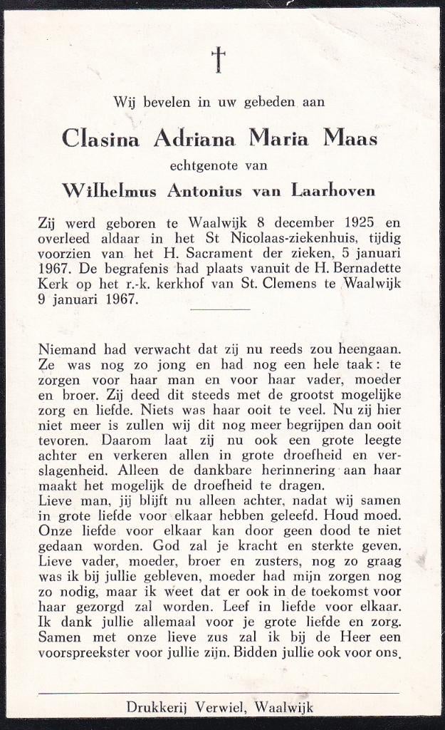 Maas Clasina 1925 Waalwijk 1967, Ophalen of Verzenden, Bidprentje