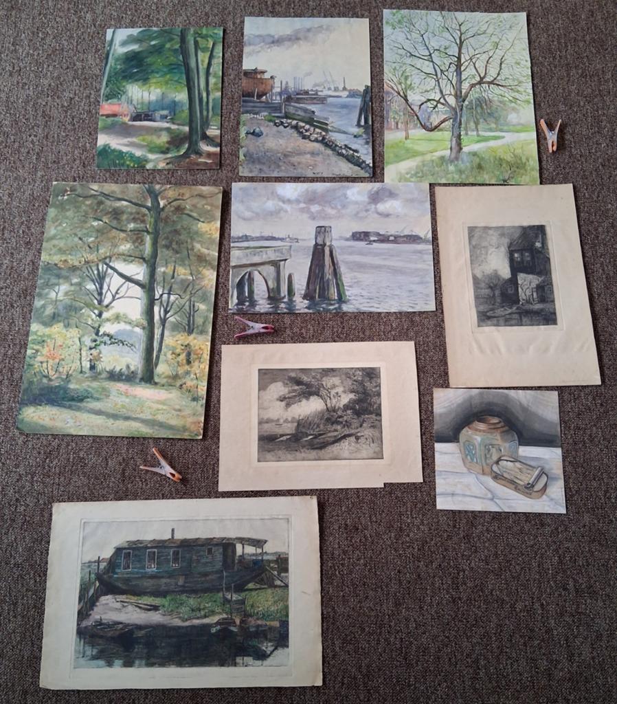 Partij prenten, aquarel, etsen, krijttekening K. Volbeda, Ophalen of Verzenden