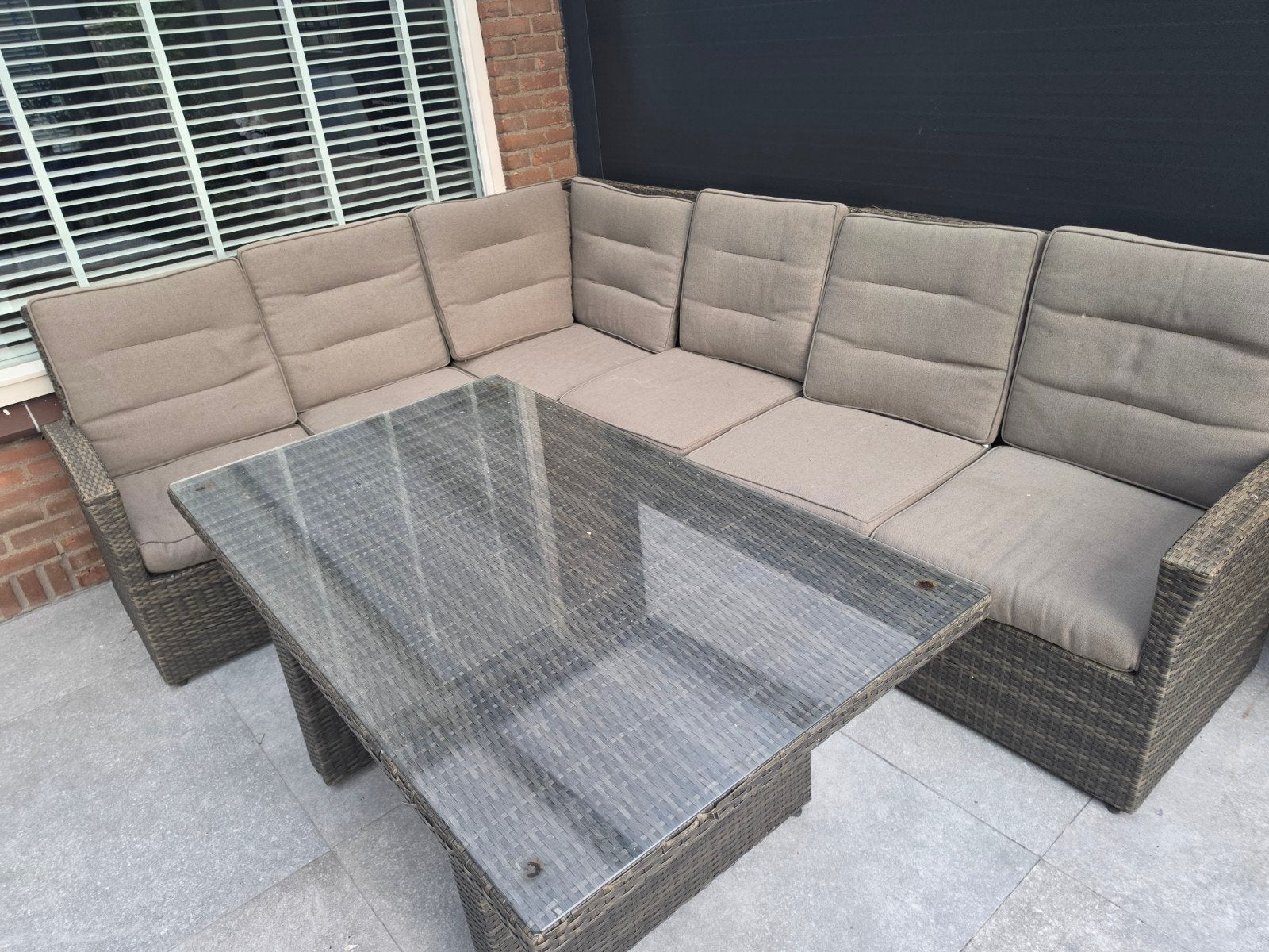 Loungeset met glazen tafel, Tuin en Terras, Ophalen, 5 zitplaatsen, Gebruikt, Bank