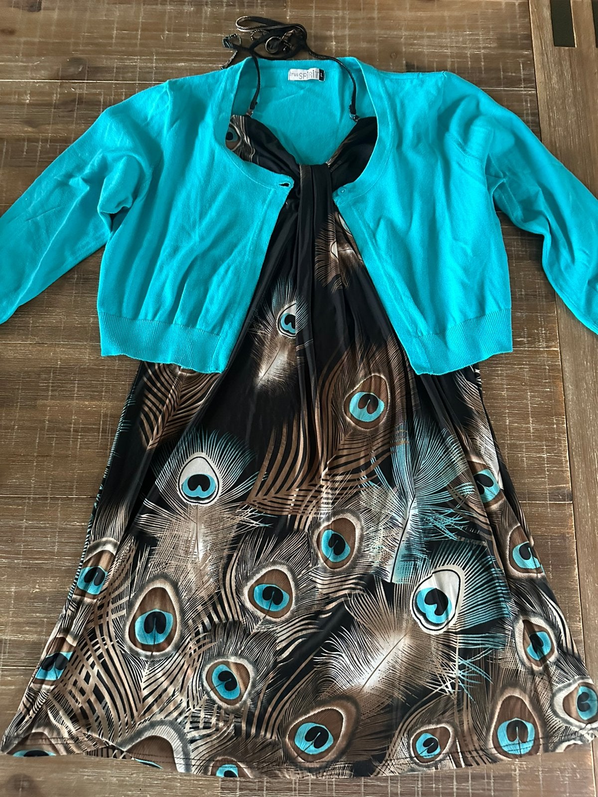 Zomerjurk met pauwen dessin en aqua bolero L/XL, Meerkleurig, Maat 42/44 (L), Ophalen of Verzenden, Zo goed als nieuw