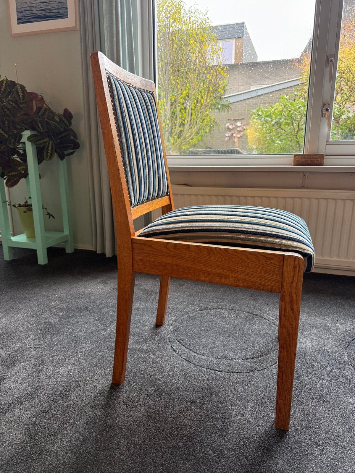 Vintage eikenhouten eetkamerstoelen (6 st.), Ophalen, Vintage, klassiek, Blauw, Zo goed als nieuw