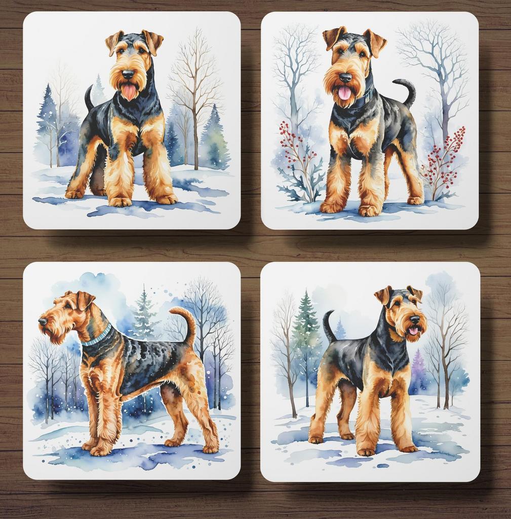 Airedale Terriër Winter onderzetters met houder, Huis en Inrichting, Woonaccessoires | Onderzetters, Nieuw, Glas of Kopje, Ophalen of Verzenden