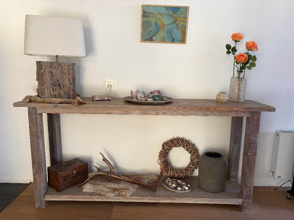 Oud steigerhouten sidetable vergrijsd, 200cm breed, Ophalen, Gebruikt, 200 cm of meer, Landelijk