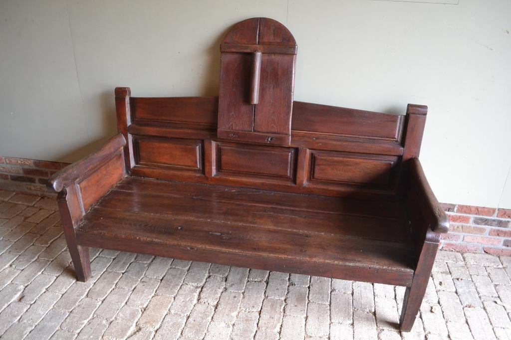 Prachtige antieke eiken houten stationsbank, halbank., Verzenden