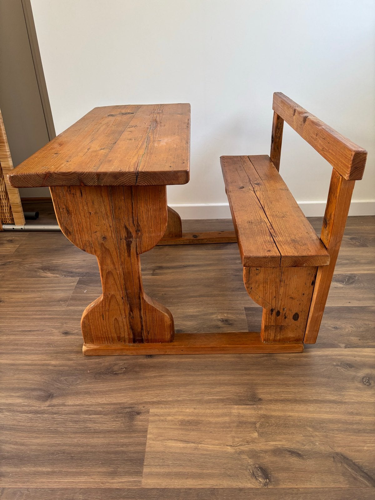 Vintage houten schoolbank met bankje, Ophalen