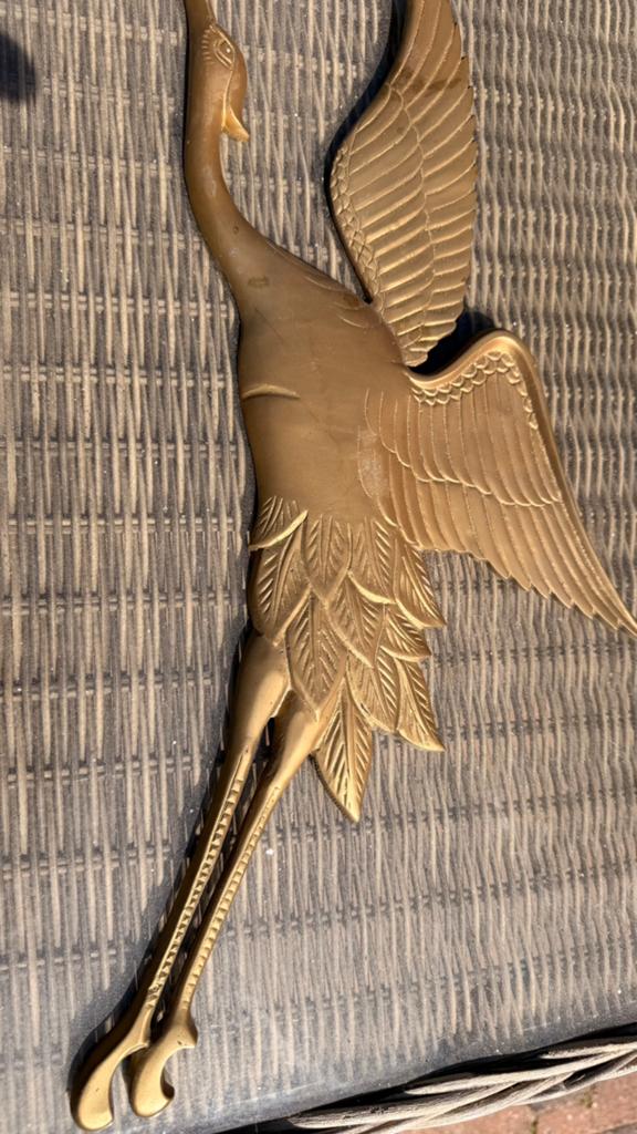 Messing vogel (reiger) voor aan de muur, Wandsculptuur, Gebruikt, Meerkleurig, Ophalen of Verzenden