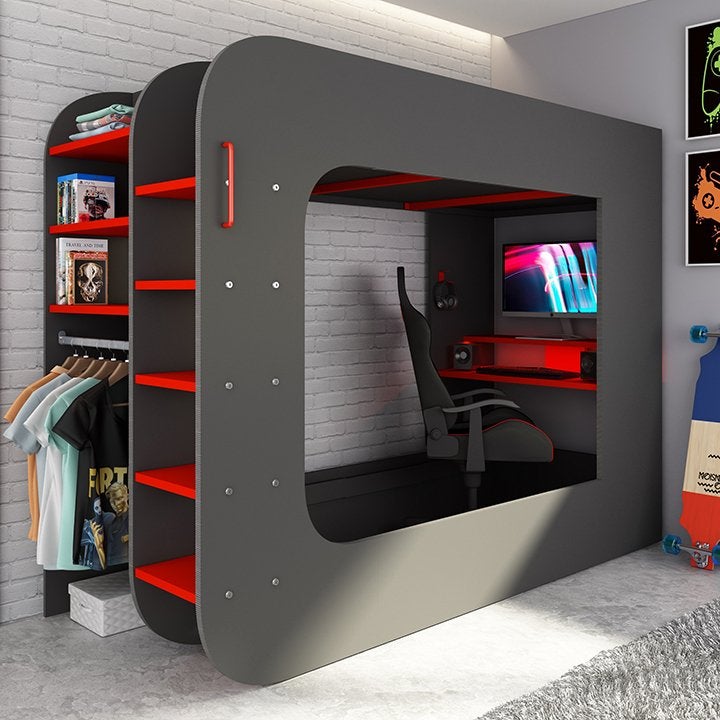 The Cube 5032 Gamingbed hoogslaper - 90x200 - Antraciet, Niet ingevuld, Niet ingevuld, Niet ingevuld