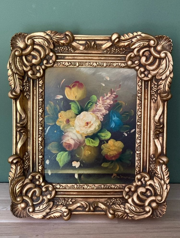 Olieverf Schilderij Bloemstilleven in Baroklijst (1940-1960), Antiek en Kunst, Kunst | Schilderijen | Klassiek, Paneel, Bijzondere lijst