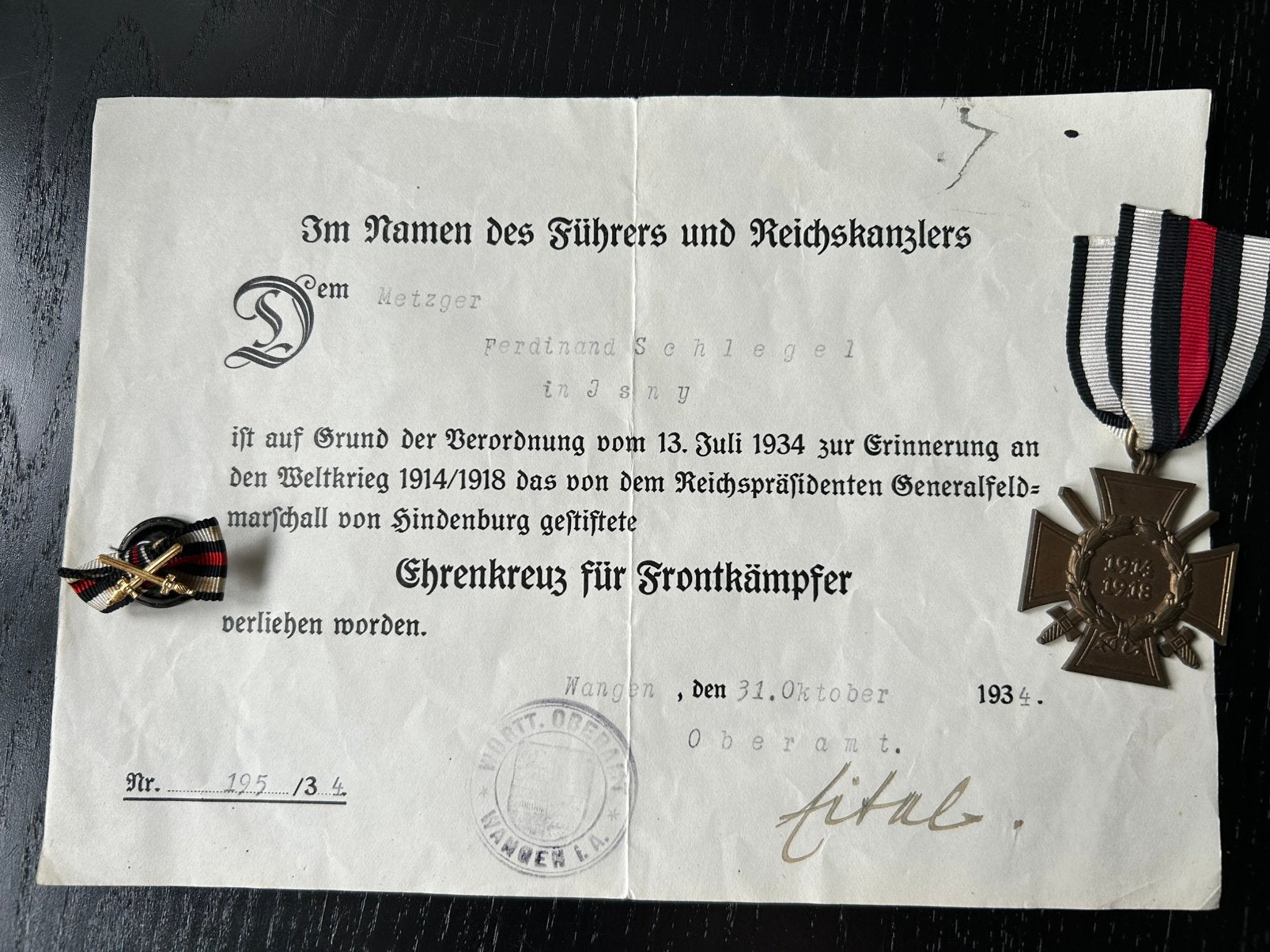 Frontkämpfer urkunde & bijbehorende medailles, Verzamelen, Militaria | Tweede Wereldoorlog, Ophalen of Verzenden, Landmacht, Duitsland