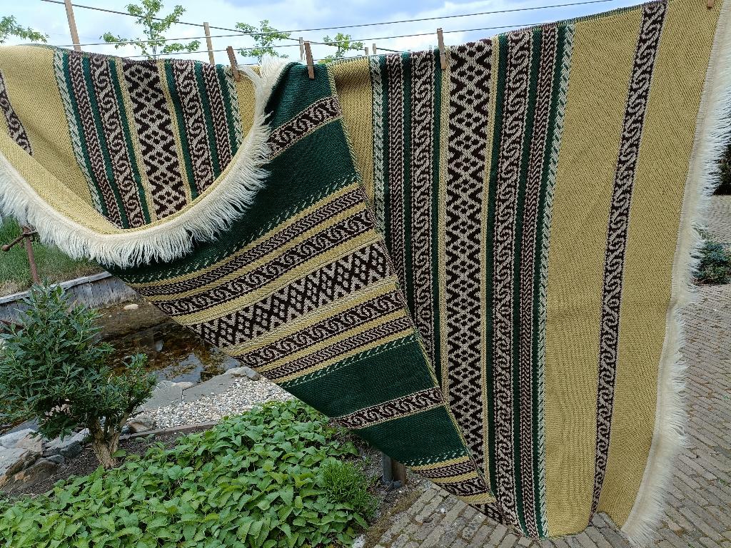 Vintage tafelkleed grof geweven geel groen 120x160 (TK50), Ophalen of Verzenden, Gebruikt, Rechthoek