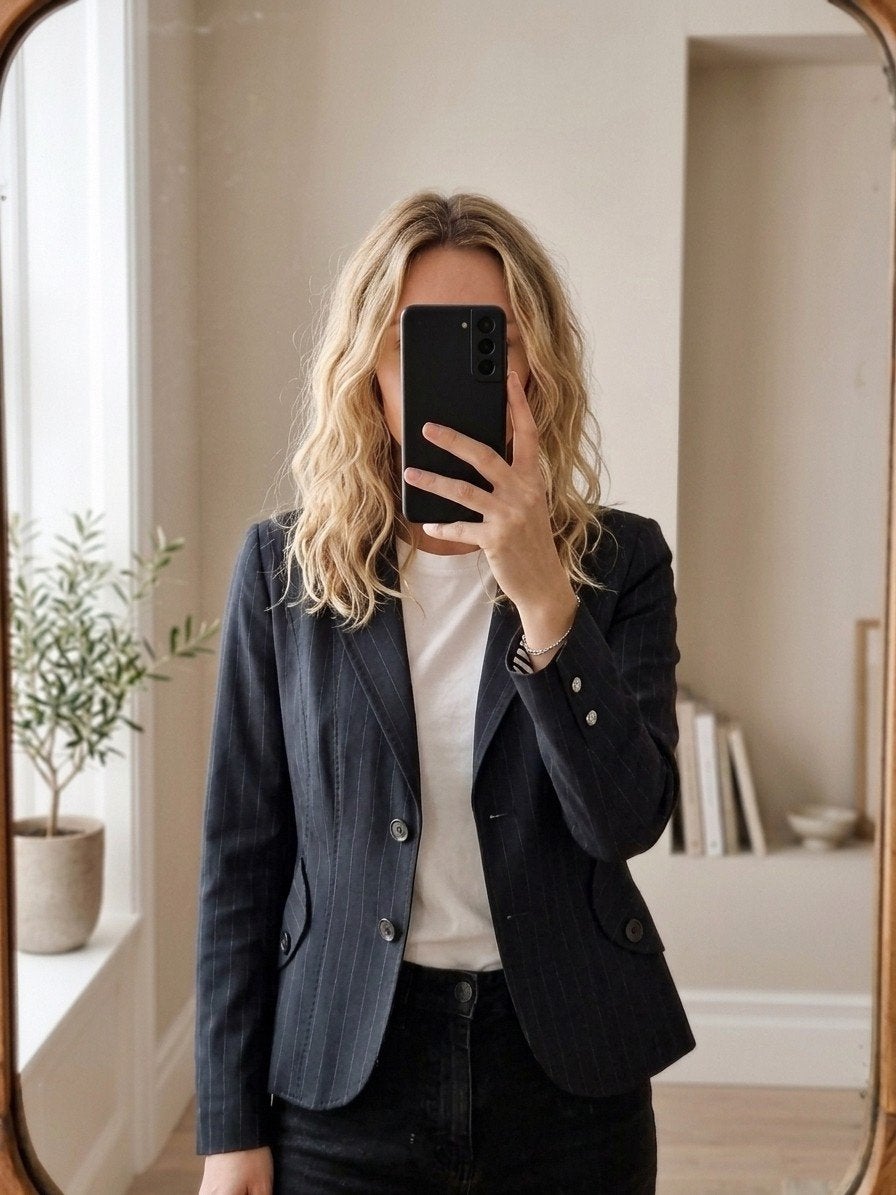 Marc Cain Luxe Krijtstreep Blazer (Wol & Zijde) | Maat N4, Kleding | Dames, Verzenden, Zo goed als nieuw, Blauw
