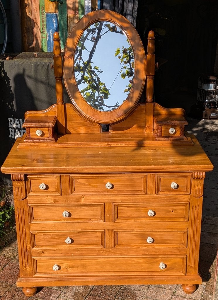 Vintage vol grenen Dressoir ladekast (kaptafel) met spiegel, Ophalen, Gebruikt, Oud grenen, Met lade(s)