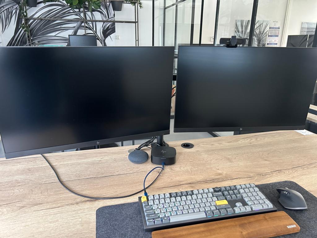 2x HP E27u G4 QHD USB C-monitor met dual arm, Ophalen, HDMI, IPS, In hoogte verstelbaar