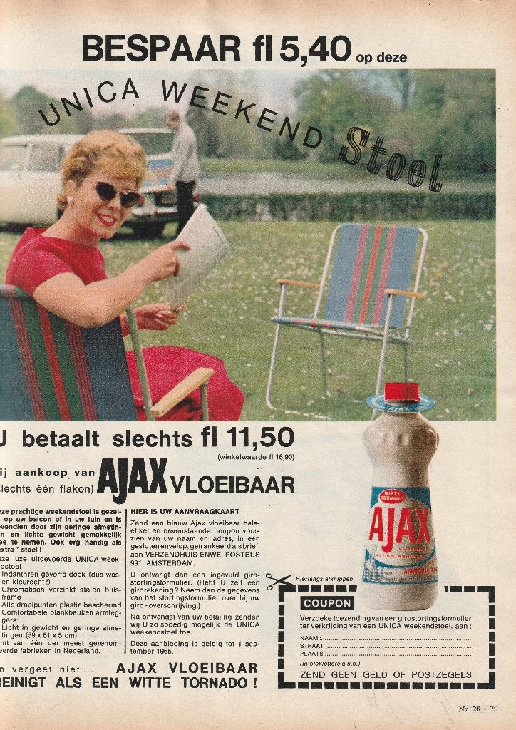 Retro reclame 1965 Ajax vloeibaar & actie Unica stoel, Verzamelen, Verzenden, Overige typen