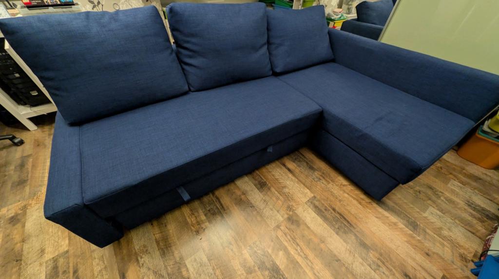 Slaapbank hoekbank friheten ikea, Ophalen, Blauw, Tweepersoons, Zo goed als nieuw
