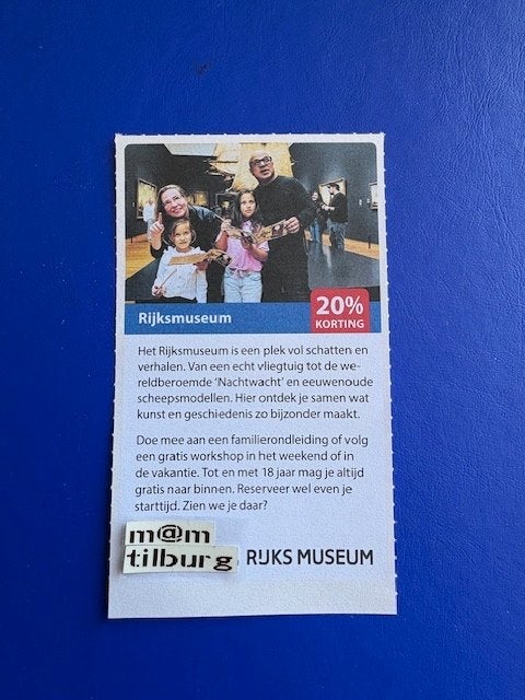 Rijksmuseum 20% korting tot 1-7-2027, Tickets en Kaartjes, Drie personen of meer, Kortingskaart