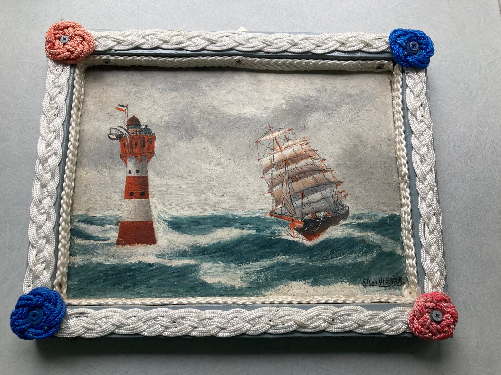 Schilderij Zeegezicht Vuurtoren Schip Rozet Gevlochten touw, Ophalen, Maritiem / water