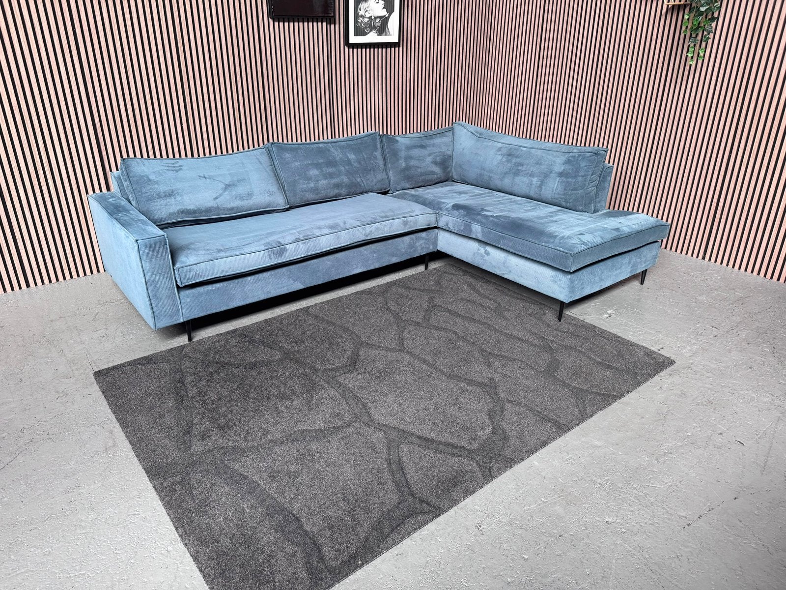 GRATIS LEVERING Hoekbank Ribstof Blauw 280x195 GEREINIGD, 250 tot 300 cm, Hoekbank, Ophalen of Verzenden, Zo goed als nieuw