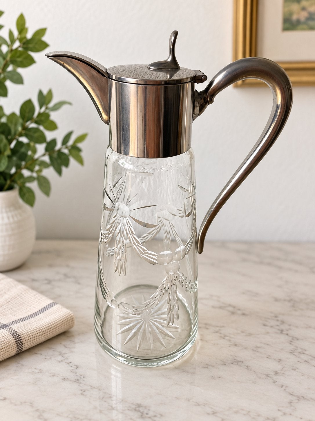 Vintage glazen waterkan met verzilverde deksel en handvat, Ophalen