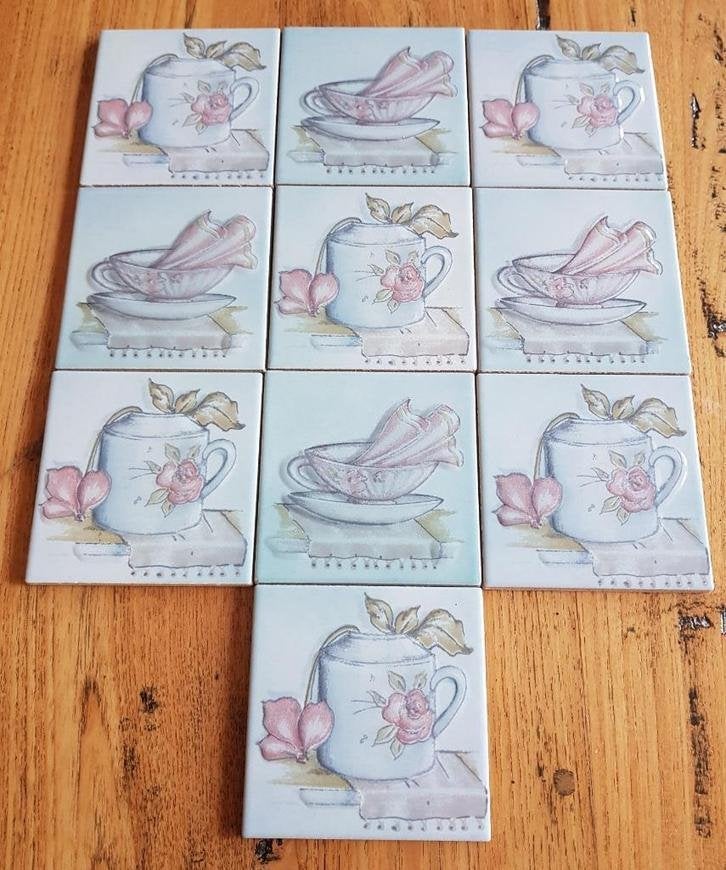 Vintage Italiaanse lichtblauwe tegels, serviesgoed, bloemen, Ophalen of Verzenden