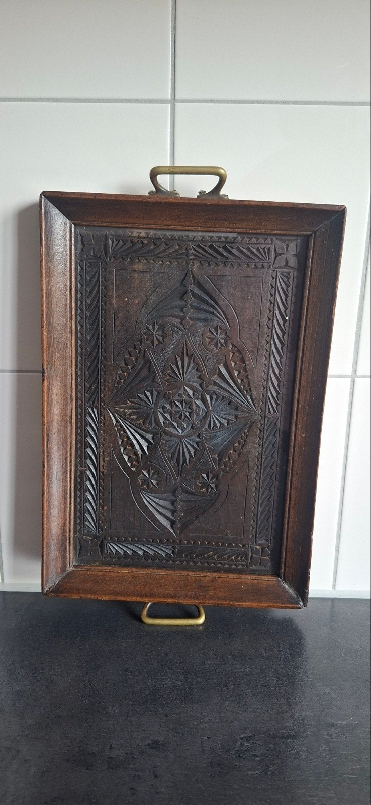 Antiek houten dienblad met glasplaat, Ophalen of Verzenden