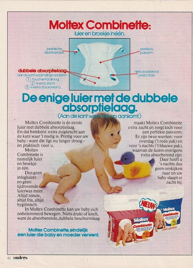 Retro reclame 1977 Moltex baby luiers verwen moeder & kind, Verzenden, Overige typen