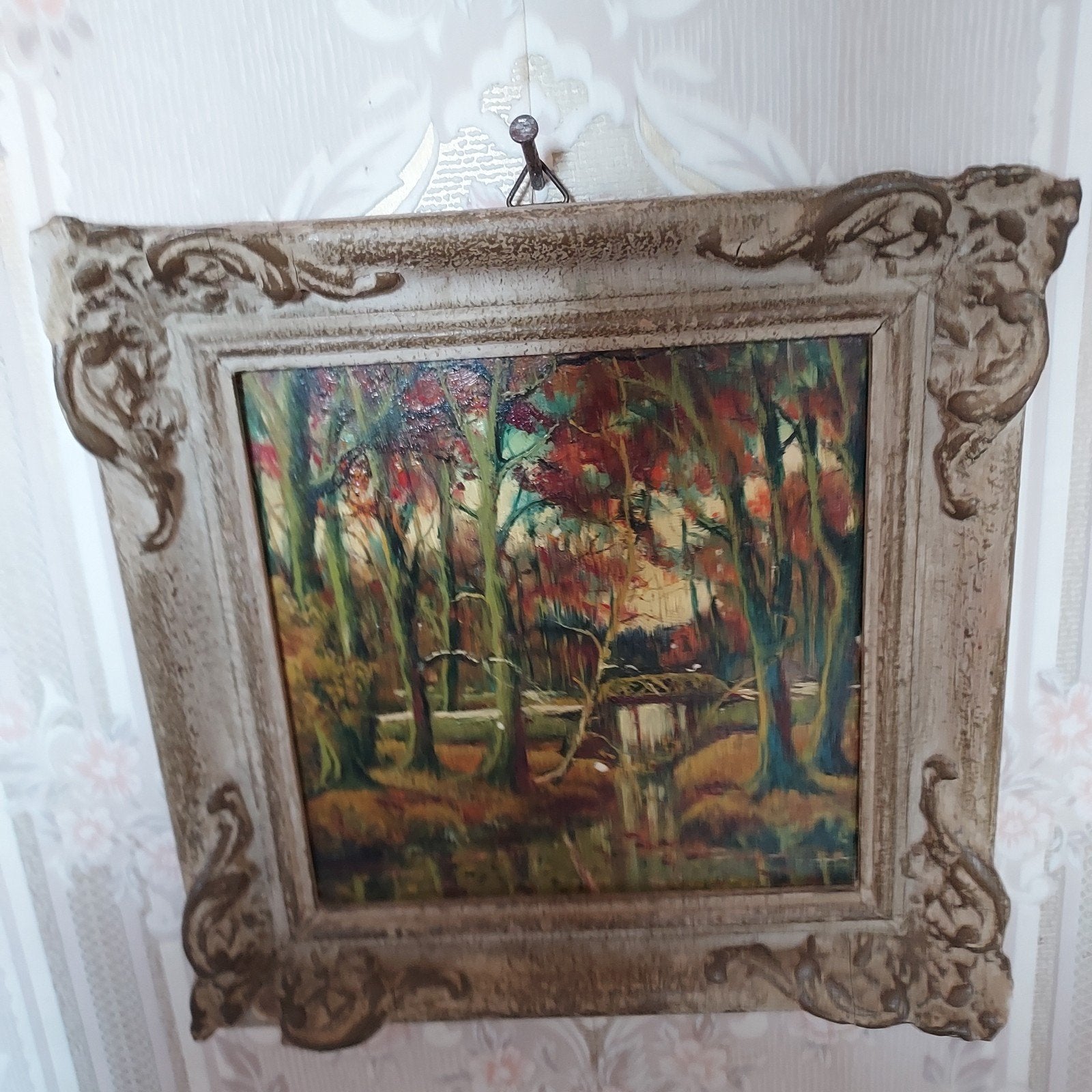 Schilderij Herfstbos met water en brug, Ophalen