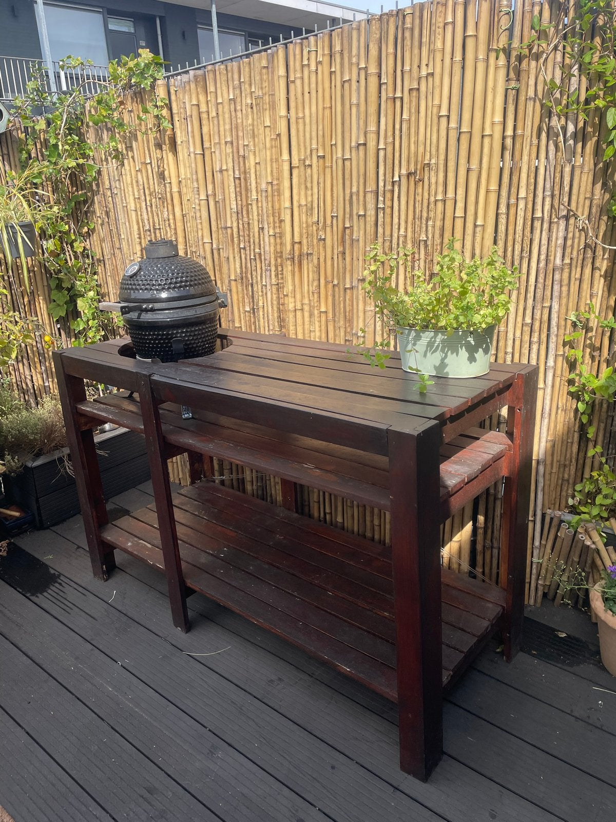 Bbq egg tafel buiten keuken hout wood tuin balkon table, Ophalen, Gebruikt