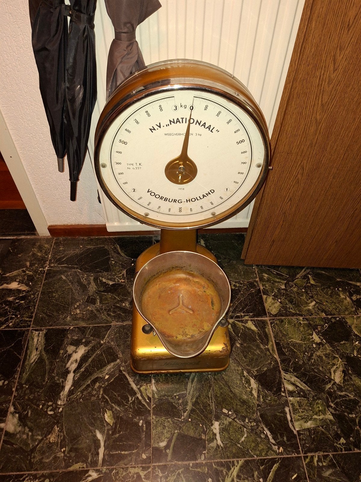 Vintage Nationale Weegschaal - Goudkleurig - 3 kg, Ophalen, Gebruikt