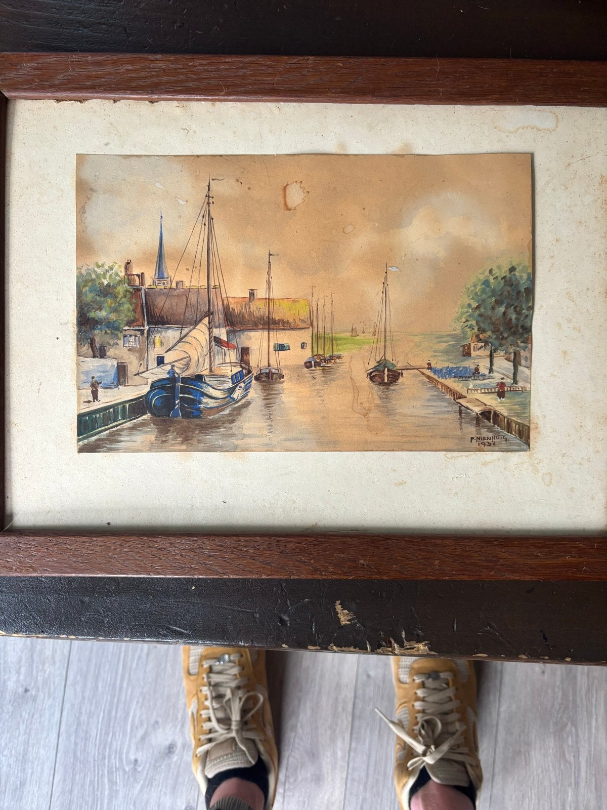 Vintage Aquarel Havenzicht P. Nienhuis 1931 Ingelijst, Ophalen, Maritiem / water, Gedateerd, Realistisch