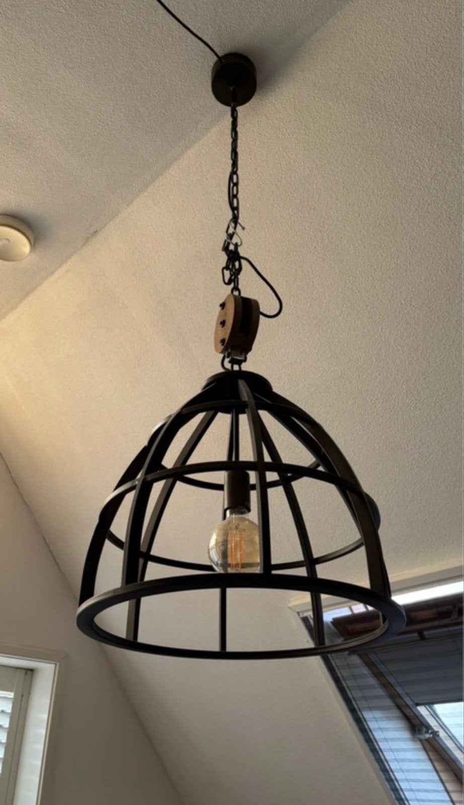 Industriële hanglamp met kooi en katrol, Ophalen, Zo goed als nieuw, Metaal, E27 (groot)