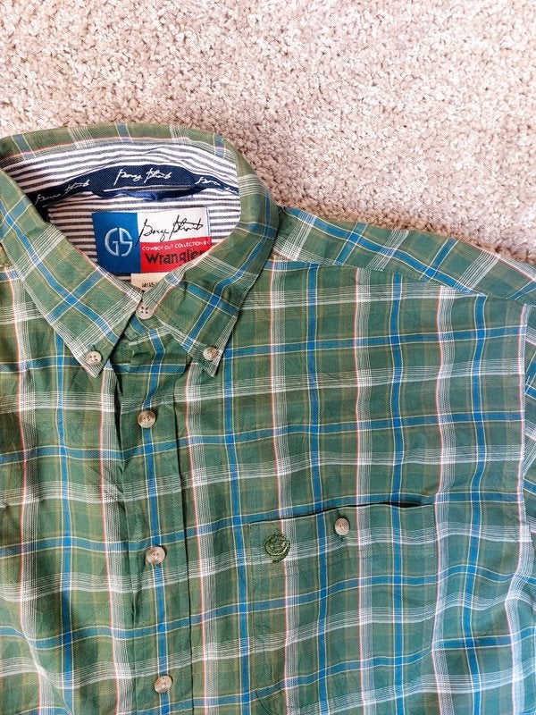 Wrangler Overhemd L Groen Western Cowboy USA Katoen, Ophalen of Verzenden, Zo goed als nieuw, Blauw, Wrangler