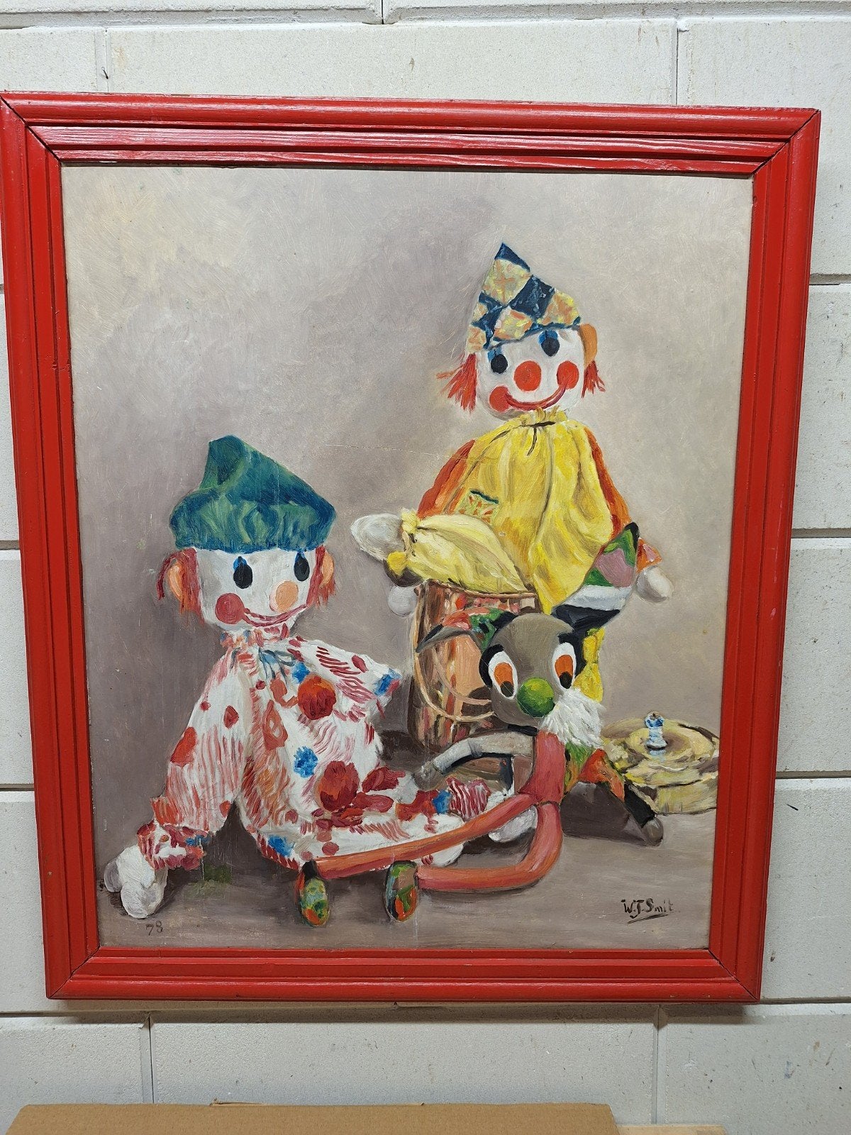 Vintage Schilderij Clowns en Speelgoed (Gesigneerd), Ophalen of Verzenden