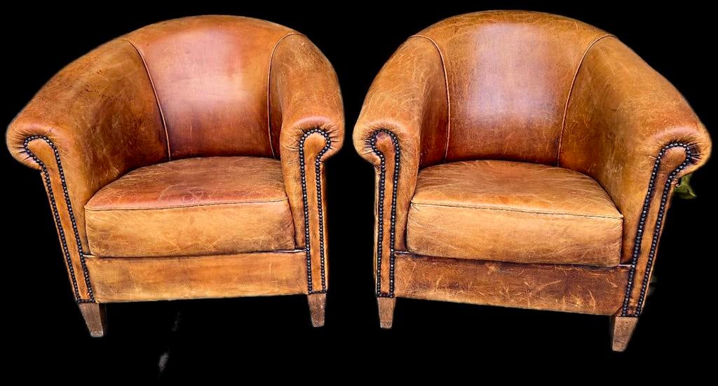 2x DNG Schapenleren Fauteuil + BEZORGING, Huis en Inrichting, Stoelen, Gebruikt, Twee, Leer, Bruin, Ophalen of Verzenden