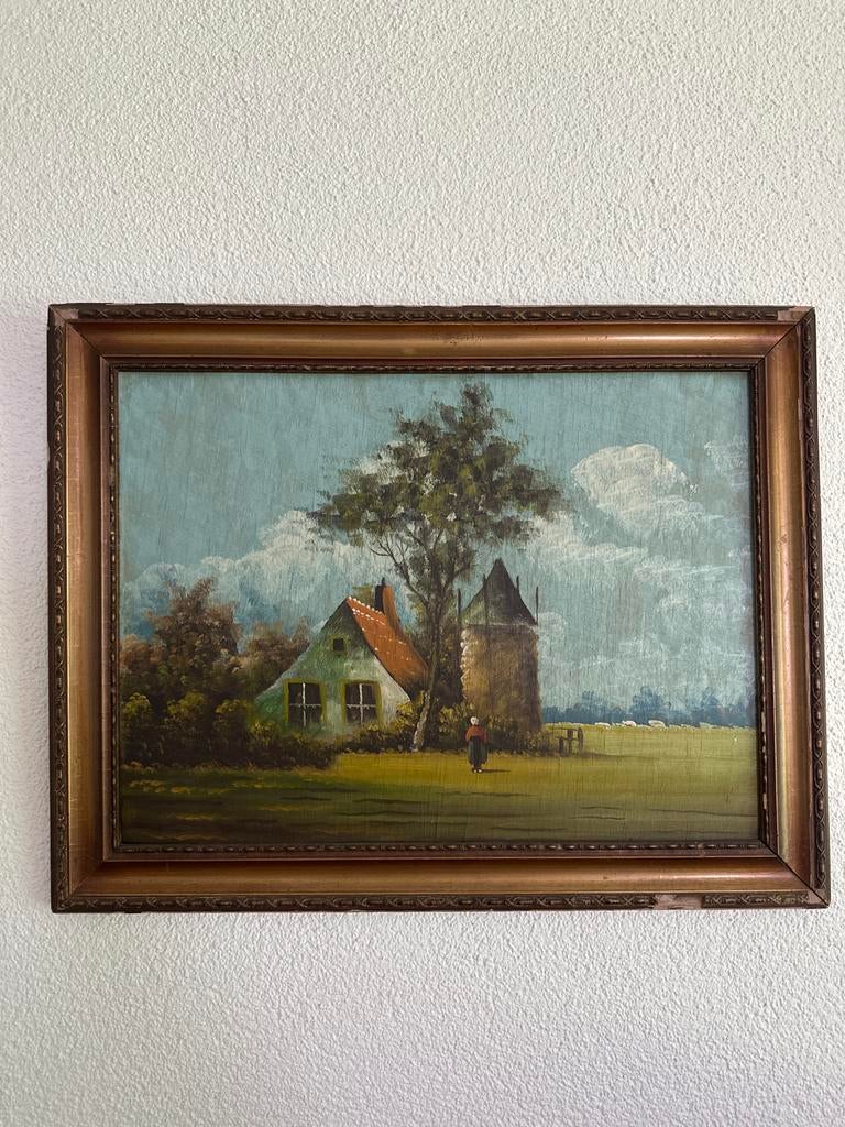 Oud Hollands Landschap Schilderij met Boerderij, Ophalen