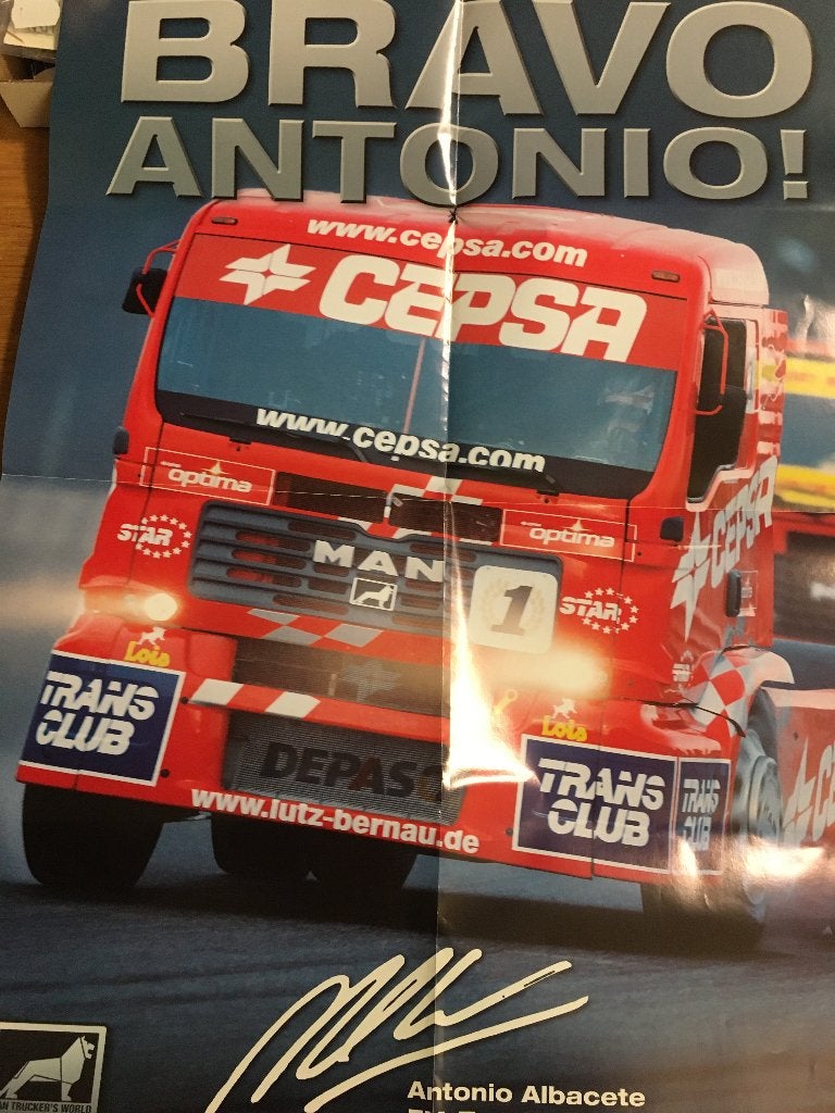 3x MAN 100 year + textielbadge + raceposter Antonio Albacete, Ophalen of Verzenden, Zo goed als nieuw, Auto's