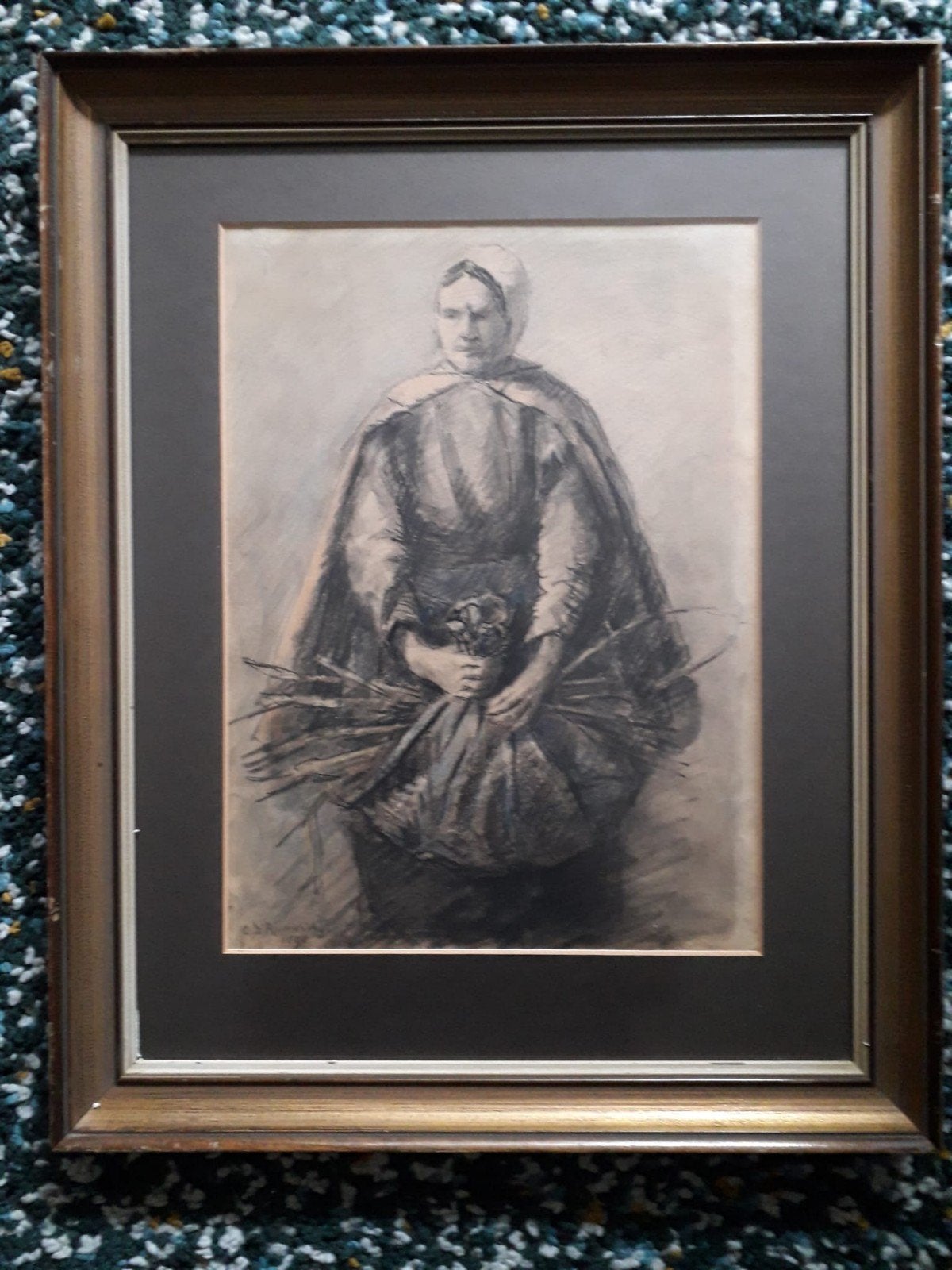 Tekening op papier in lijst. 1890
 4738 Afbeelding  32x23., Antiek en Kunst, Ophalen, Ingelijst