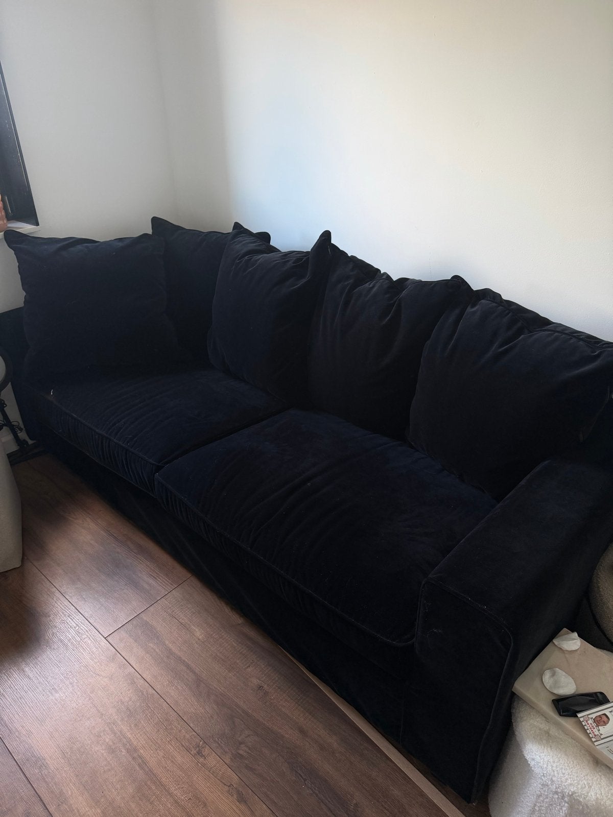Zwarte fluwelen 3-zitsbank met poef, Ophalen, Gebruikt, Driepersoons, 75 tot 100 cm