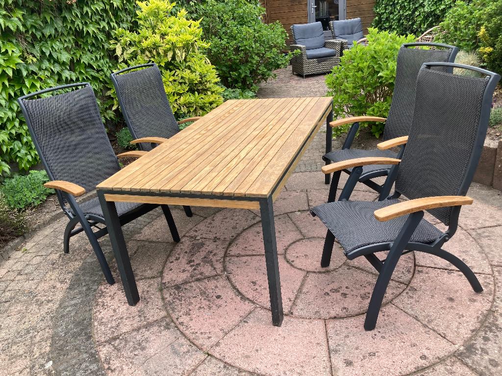 4 mooie Hartman da Vinci tuinstoelen + tuintafel., Tuin en Terras, Tuinstoelen, Ophalen, Gebruikt, Aluminium, Verstelbaar