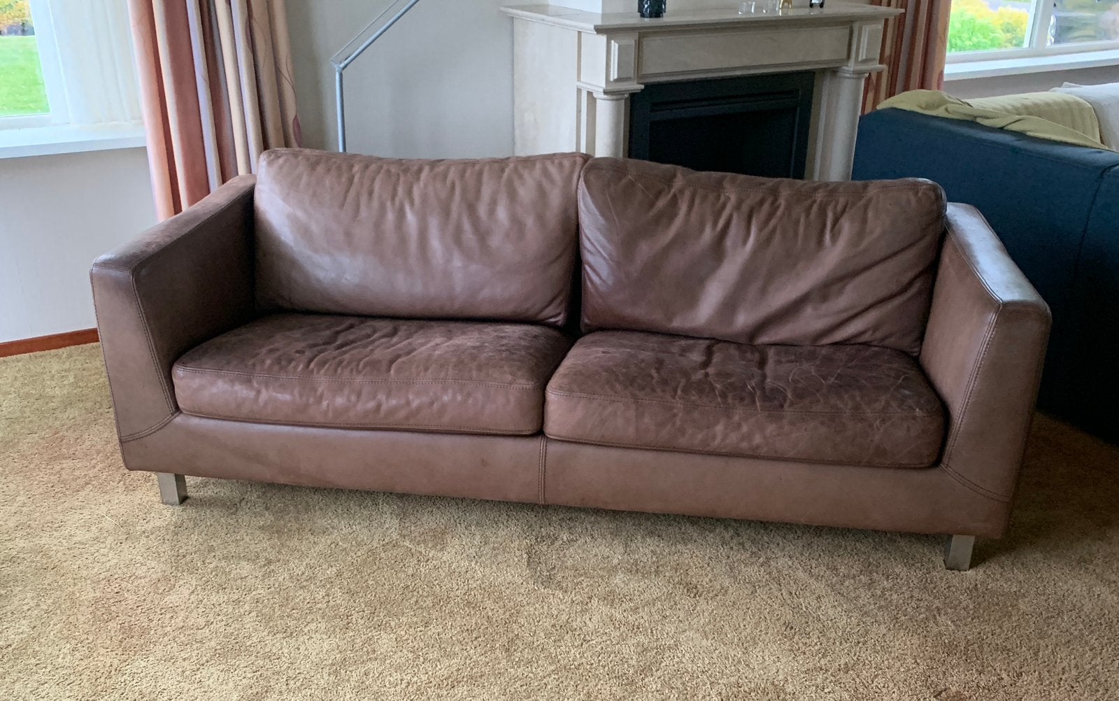 Machalke bruine cowboy lederen bank 215cm, Ophalen, Gebruikt, Driepersoons, Rechte bank