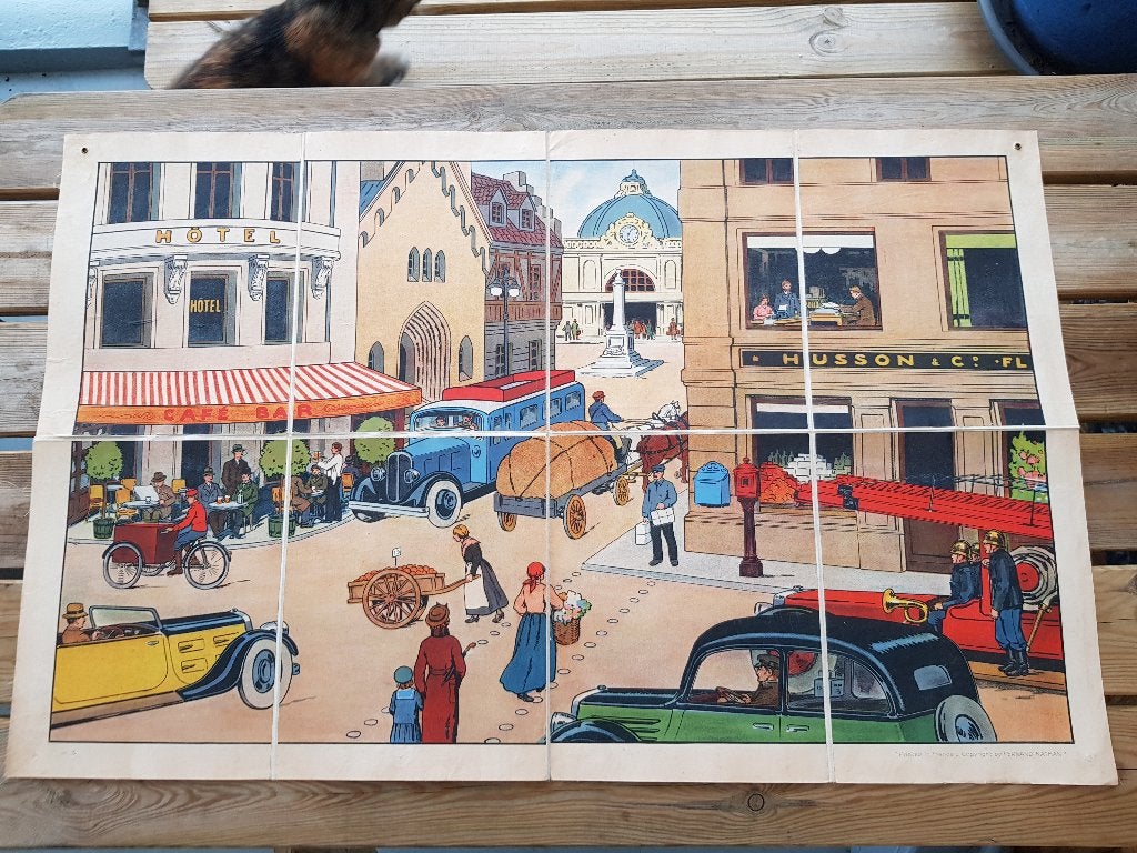 In de straat oude schoolplaat uit Frankrijk litho op canvas., Antiek en Kunst, Origineel, Ophalen of Verzenden, Lithografie