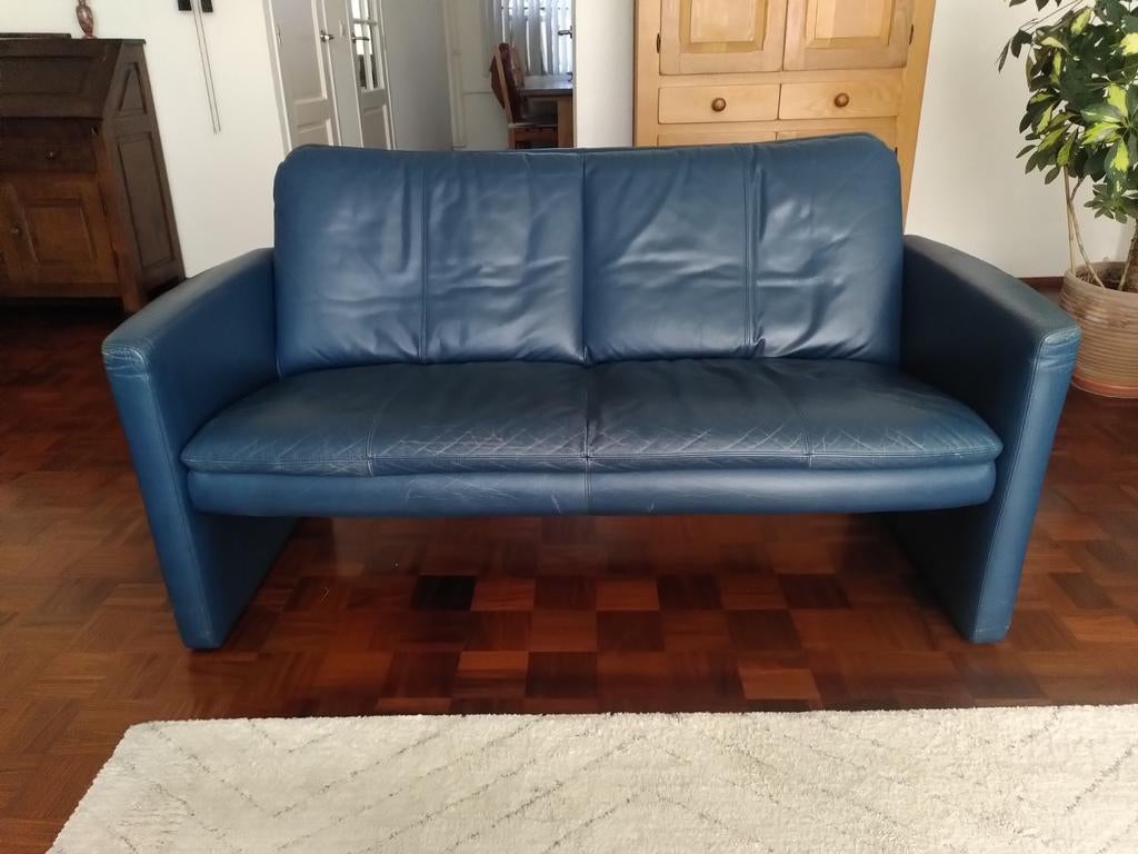 GRATIS Leren Blauwe Vintage Leo Lux, 2 1/2 + 3 zits bank, Ophalen, Gebruikt, Minder dan 75 cm, Driepersoons