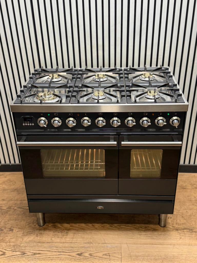 Luxe Boretti Fornuis antraciet 6 pits met dubbele oven 90 cm, Fornello Esperta, Ophalen of Verzenden, Zo goed als nieuw, Energieklasse A of zuiniger