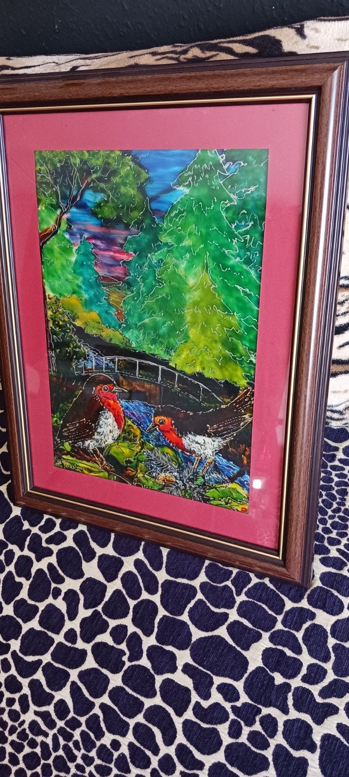 Kleurrijk schilderij van vogels in landschap, Overige stijlen, Overige ondergronden, Dieren, Gemengde techniek